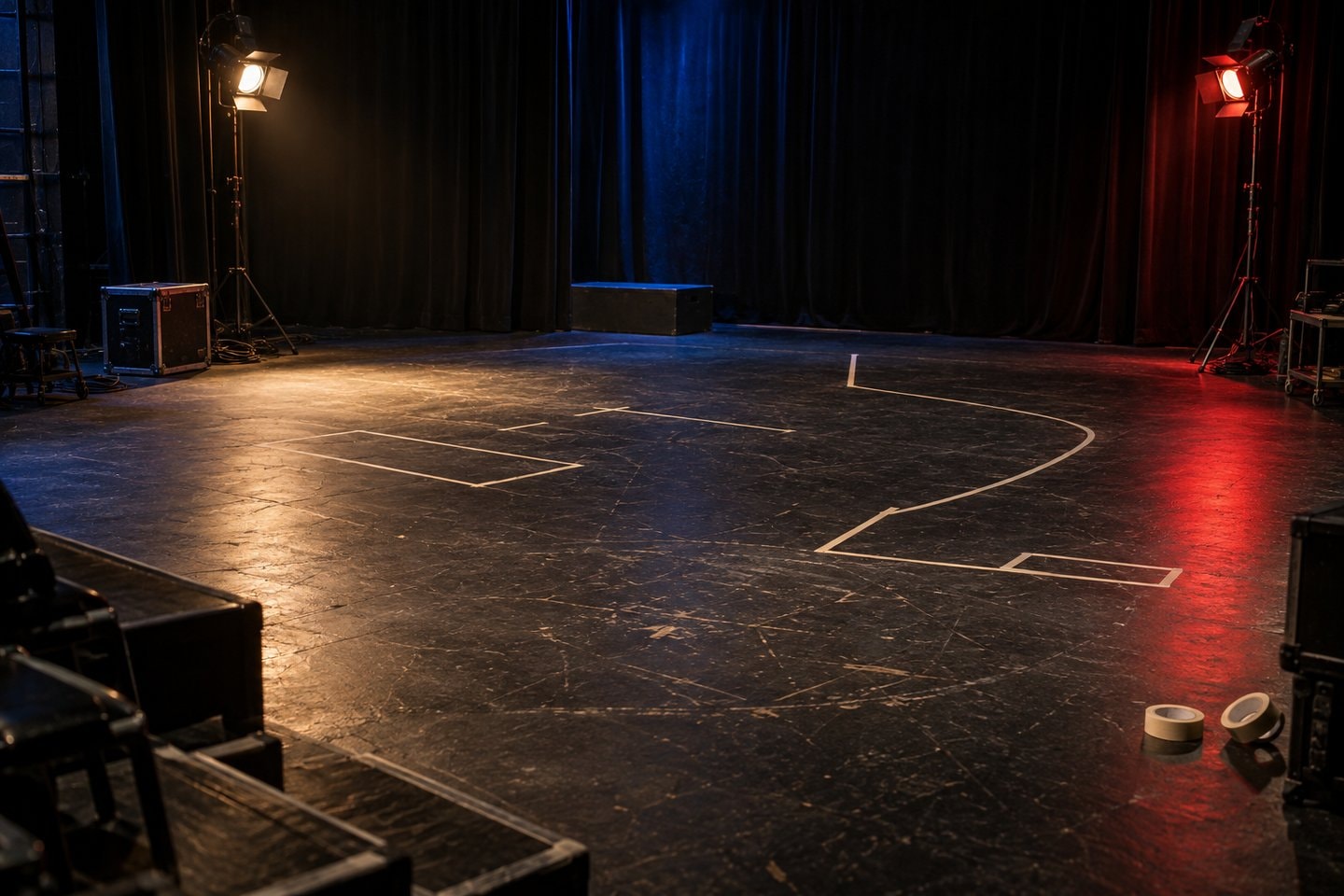 An empty black-box theater marked with cream tape and lit by blue and red work lights
