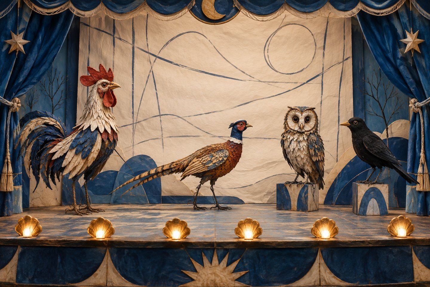 Handmade rooster, pheasant, owl and blackbird puppets on an empty stage