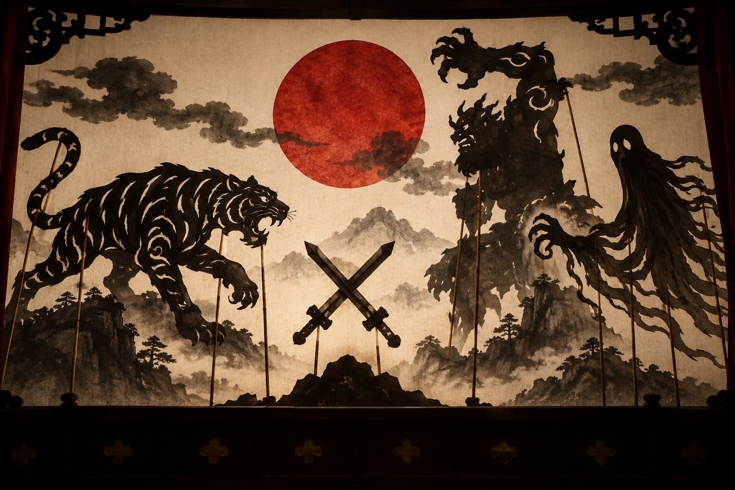 A shadow-puppet stage with abstract tiger, giant, ghost and crossed wooden sword silhouettes