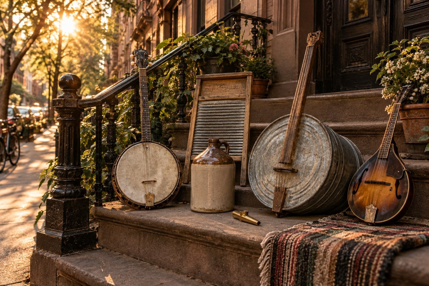 A banjo, stoneware jug, washboard, washtub bass, kazoo and mandolin on a brownstone stoop