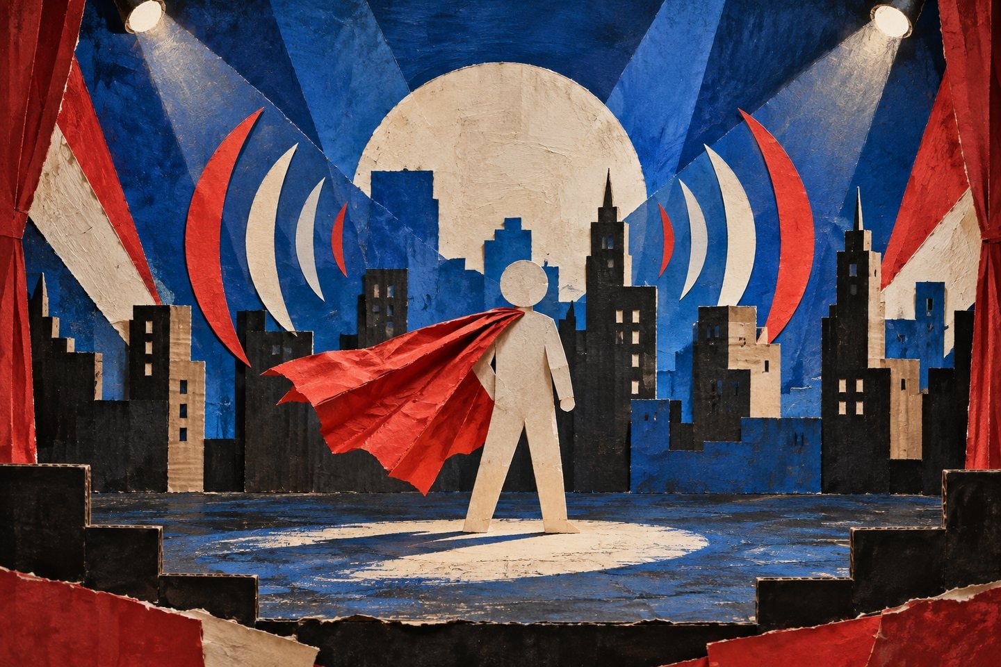 A handmade cape, paper figure and cardboard skyline arranged as an original stage collage