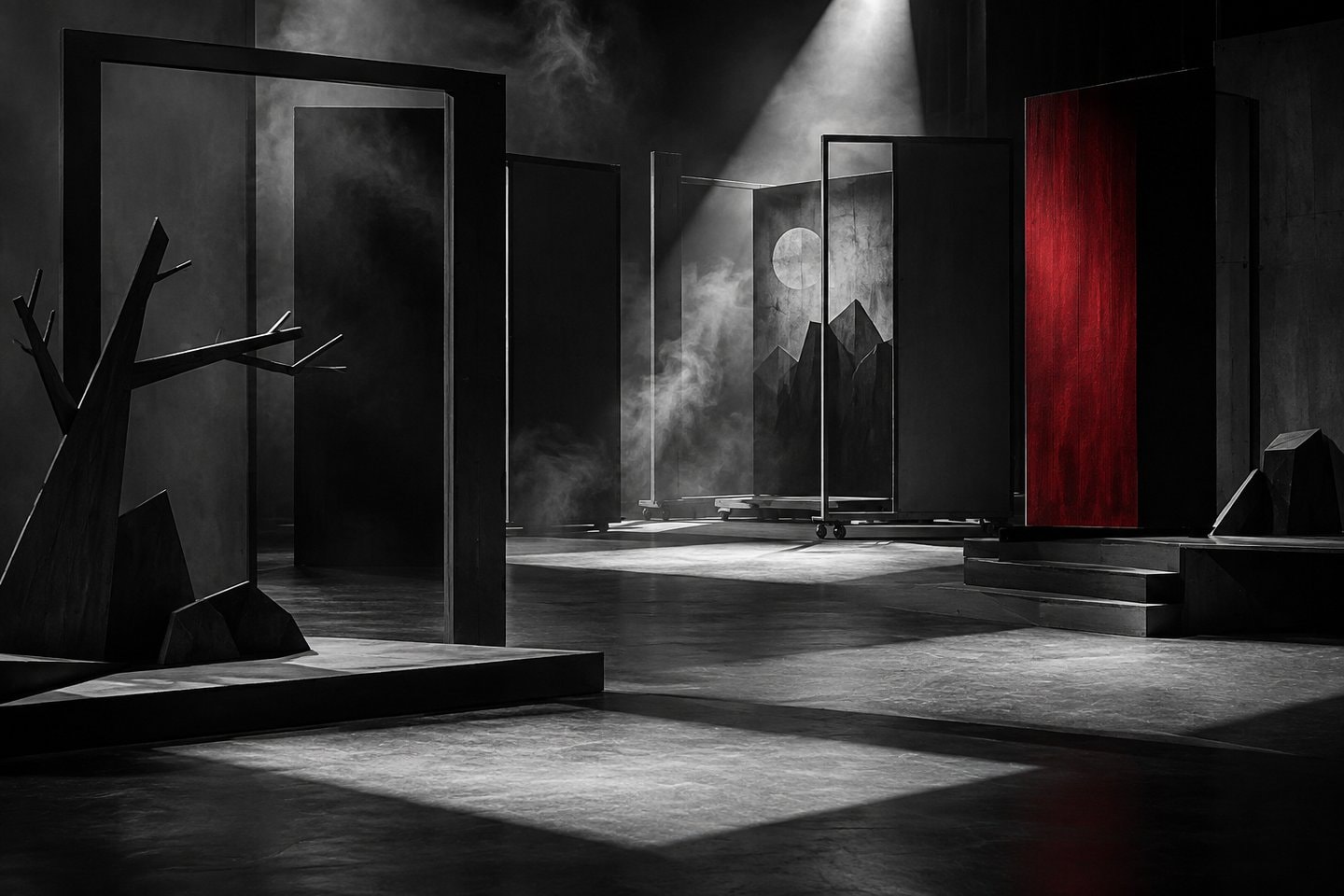 An empty black-and-white stage made from rectangular frames, flat props and sharp light