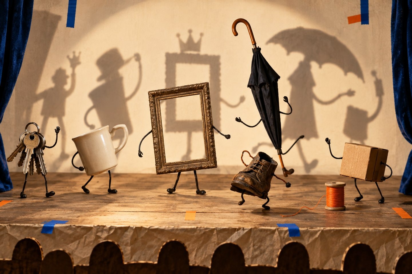 Everyday objects posed like characters on a small collage theater stage