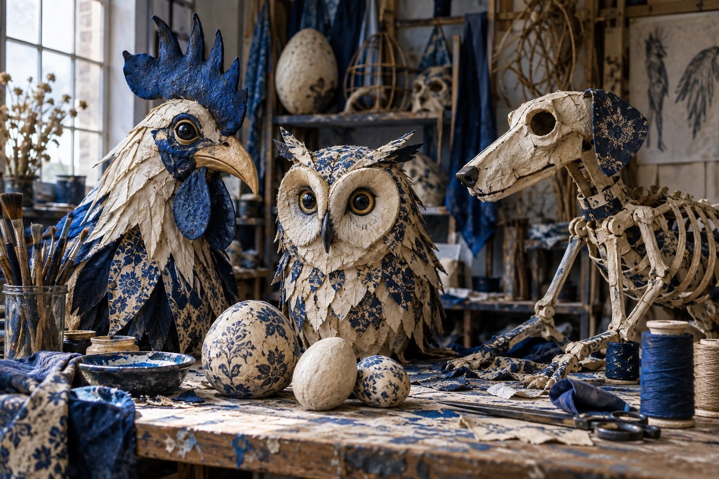 A workshop table with non-human puppet heads, rods, cloth and brushes