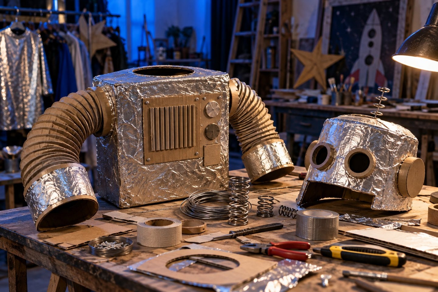 Cardboard and tinfoil robot costume parts arranged for a workshop