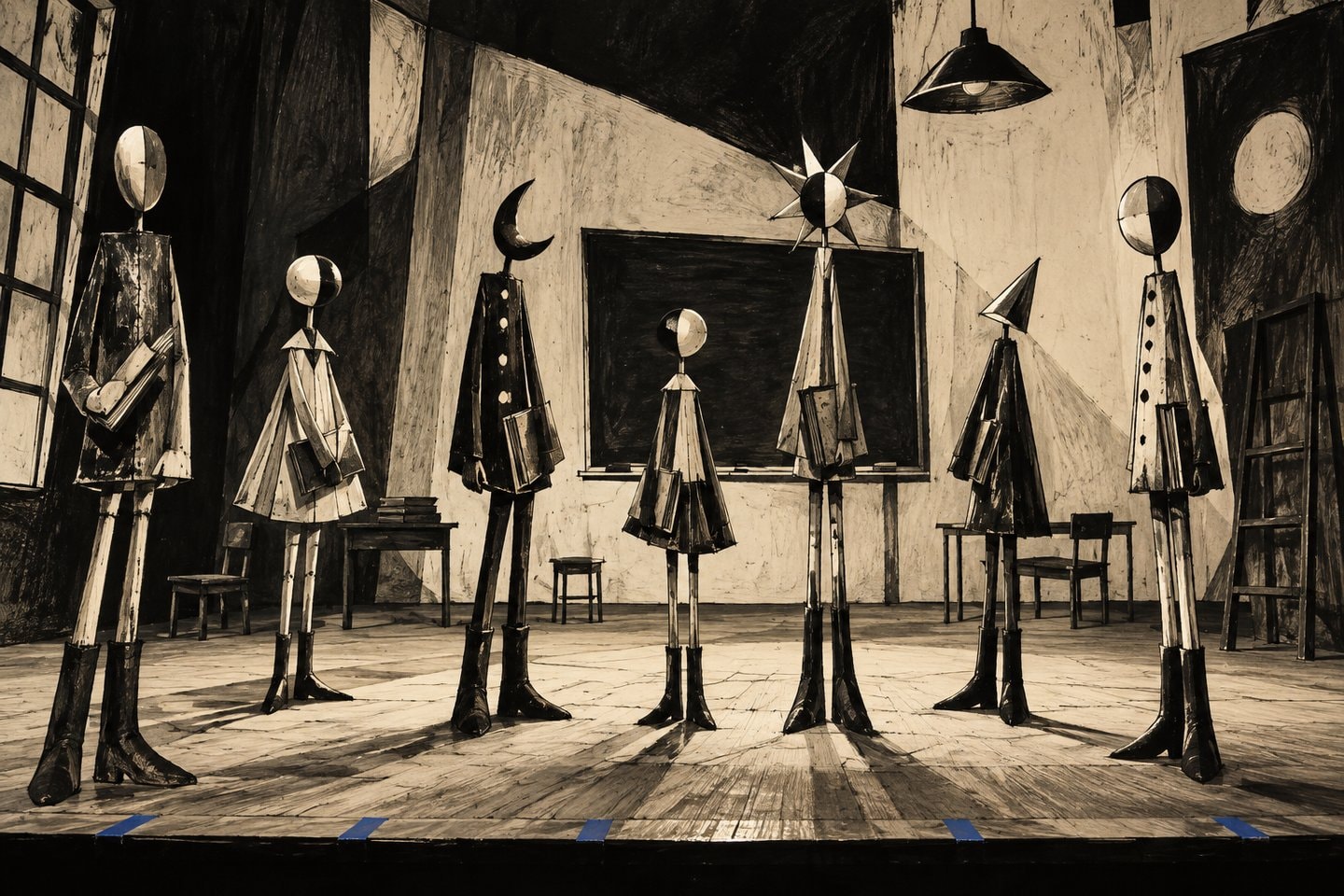 An empty black-and-cream expressionist stage with tall abstract painted figures