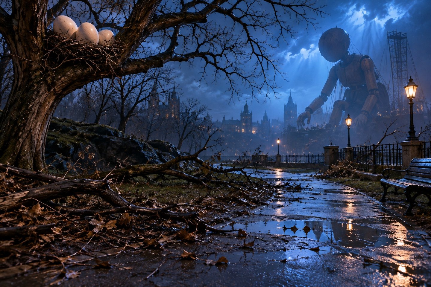 A storm-battered city park path staged with oversized eggs and a distant handmade puppet